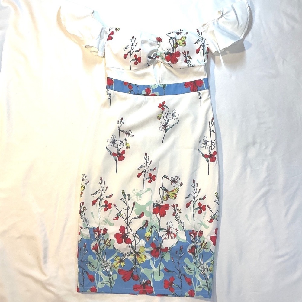 L'Atiste by Amy Floral Off-Shoulder Sheath Dress‎ White Blue Red Small